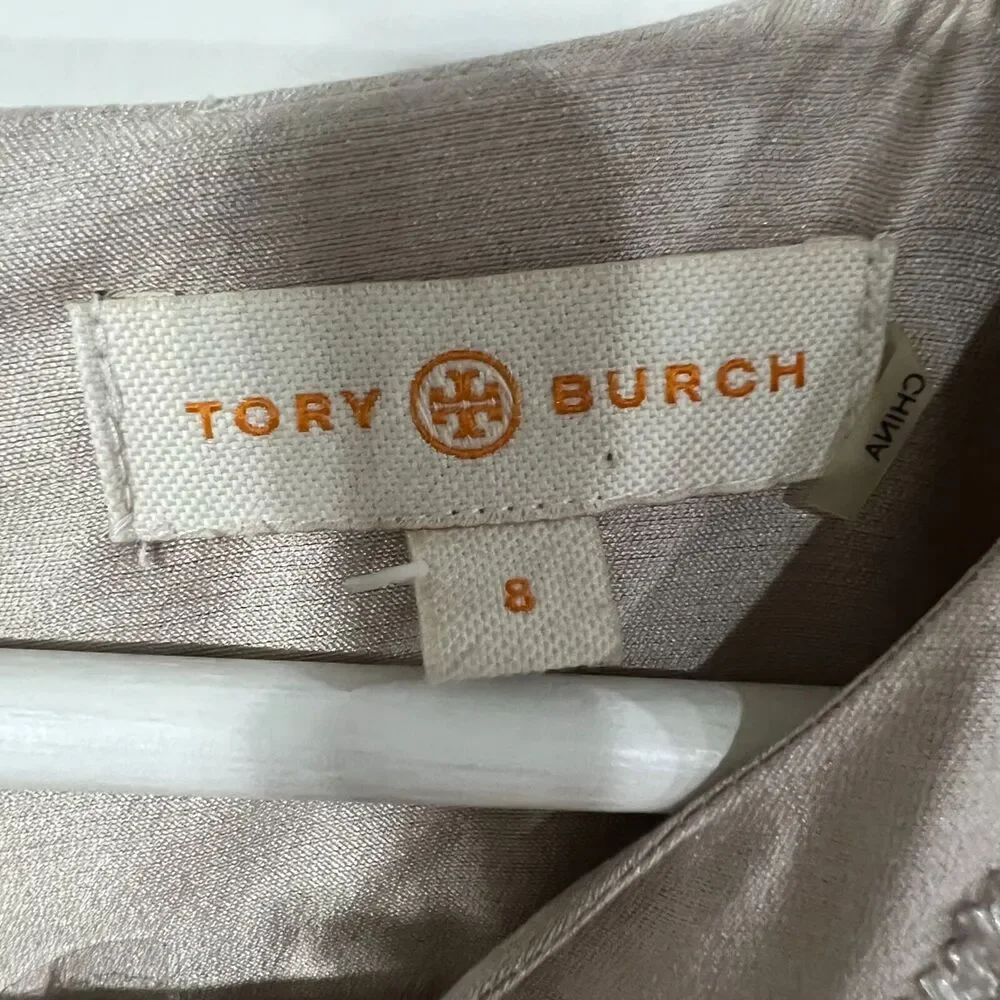 Tory Burch Size 8 Dress‎ Jessie Silk Embellished Beaded Beige Cap Sleeve Women's